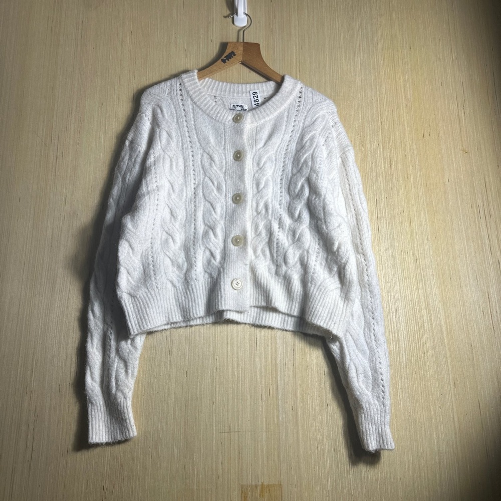 Future Collective Button Cardigan Womens Medium White Cable Knit Up Mohair Wool